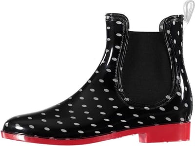 Zwarte korte dames regenlaarzen met grijze stippen en zwart elastiek - Rubberen laarzen/regenlaarsjes dames 37