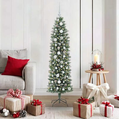 vidaXL Kunstmatige slanke kerstboom Groen en Wit 150 cm