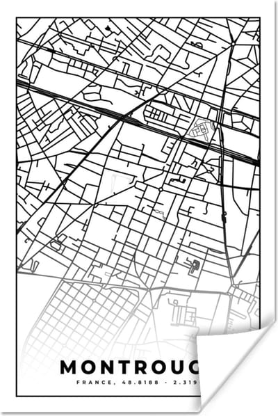Poster Stadskaart – Plattegrond – Montrouge - Kaart – Frankrijk - Zwart wit - 120x180 cm XXL
