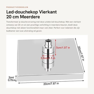 Dailygoods - Led-douchekop - Vierkant 20 cm - Meerdere Kleuren - Regenstraal - Draaibare Aansluiting - Ideaal voor badkamer