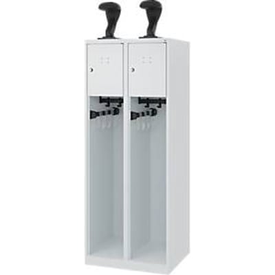 Brandweerkluis C+P Evolo Youngster, 2 vakken, met helmhouder, vloerglijders, B 600 x D 500 x H 1530 mm, RAL 7035 lichtgrijs