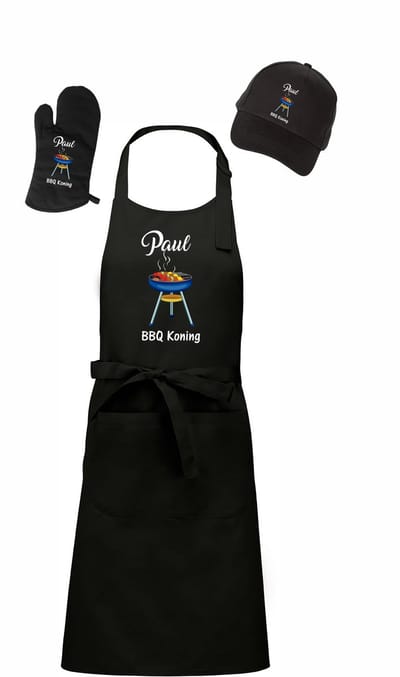 Mijncadeautje - Barbecue Voordeelset - BBQ Schort + BBQ Handschoen + BBQ Cap - BBQ Koning in kleur - met voornaam naar keuze - zwart
