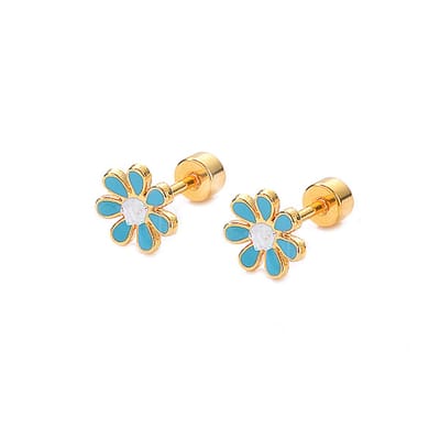 Dames oorknopjes - staal - goudkleurig - bloemetje - madeliefje - wit - blauw - 7mm - 18K verguld - schroefdopje