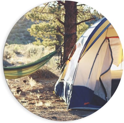Dibond Wandcirkel - Tent met Hangmat in de Bossen - 90x90cm Foto op Aluminium Wandcirkel (met ophangsysteem)