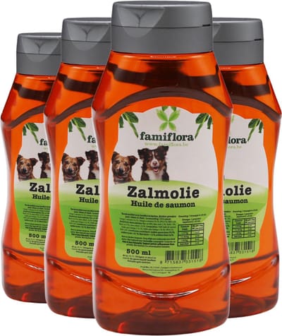 Famiflora Zalmolie voor Hond en Kat - 4x 500ml (2L) - Voordeelverpakking - Omega 3-6-9 Supplement - Weerstand & Mobiliteit - Rijk aan omega 3, 6 & 9 vetzuren - Bevordert gezonde huid & glanzende vacht