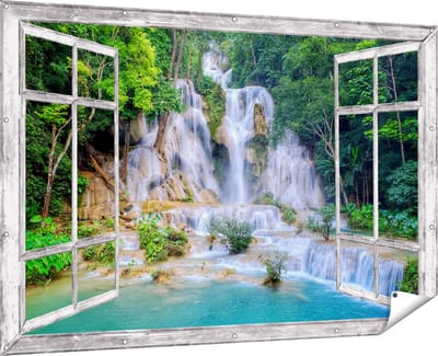 Gards Tuinposter Doorkijk Waterval in het Tropische Natuur - 180x120 cm - Tuindoek - Tuindecoratie - Wanddecoratie buiten - Tuinschilderij