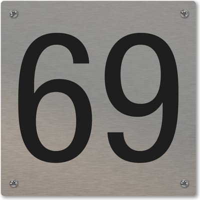 Huisnummerbord - huisnummer 69 - voordeur - 12 x 12 cm - rvs look - schroeven - naambordje nummerbord