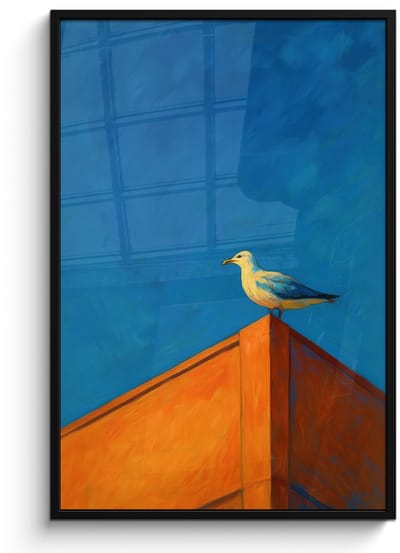 Poster in lijst - Fotolijst 80x120 cm - Posters - Meeuw - Gebouw - Lucht - Geschilderd - Posterlijst zwart - Decoratie - Wanddecoratie woonkamer - Muurdecoratie slaapkamer