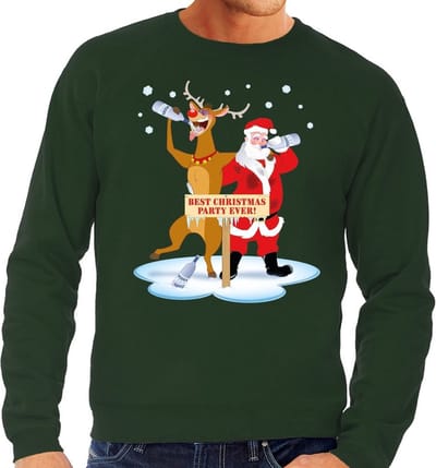 Bellatio Decorations Foute kersttrui - sweater - dronken kerstman - en rendier Rudolf - na kerstborrel - groen - voor heren - Kersttruien S