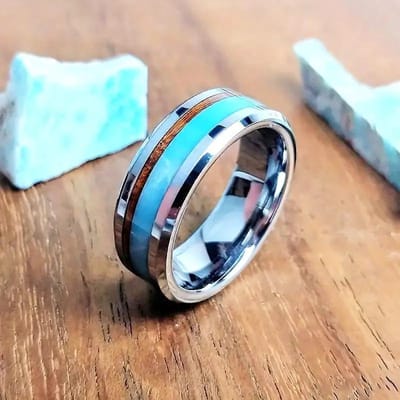 Mode 8mm Heren RVS Ringen Inlay Blauwe Faux turquoise Houten Ringen Voor Mannen Vrouwen Bruiloft Verlovingsring Sieraden Cadeau 8 white