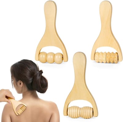 Houten Massage Set - Fascia Roller en Rugspierroller - 3 Stuks - Ergonomisch Gebogen Design met Handvat - Voor Spierontspanning en Lichaamsmassage - Natuurlijk Hout