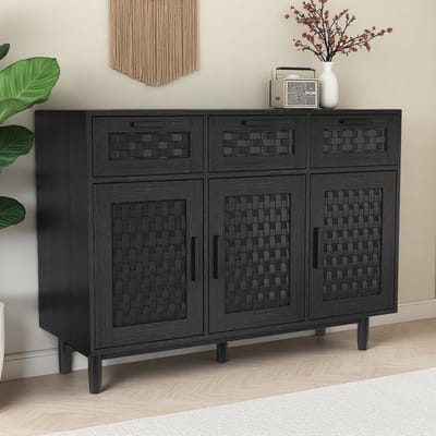 Zwart Dressoir met 3 Lades & 3 Deuren - Keukenkast met Rotanpatroon, 107.9x40x80cm, Ruime Opbergruimte