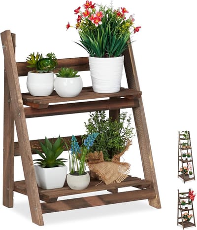 Famanu – Plantenrek met 2 etages, klapbaar houten bloemenrek, 51,5 x 41 x 24 cm, donkerbruin