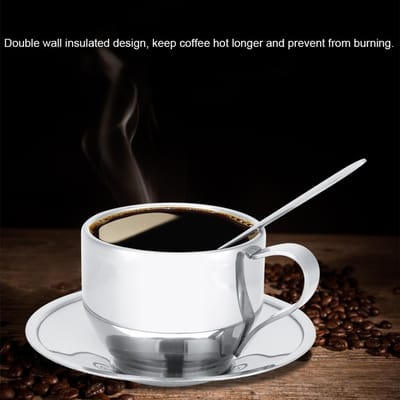 Roestvrijstalen Geïsoleerde Koffiekop Dubbelwandige Thee Melk Mok met Schotel Lepel Set Servies