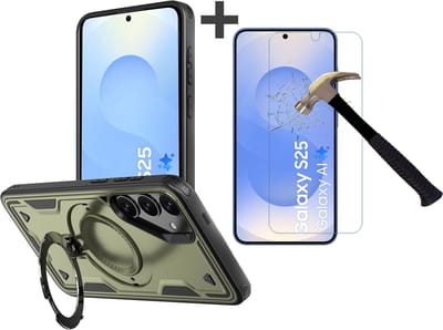Hoesje Geschikt voor Samsung Galaxy S25 met gehard glas Screenprotector - Armor hoes met Ringhouder - Arara backcover - Olijfgroen