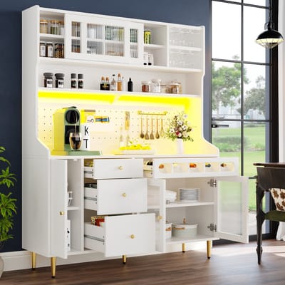 Sweiko Keukenkast - Dressoir - Verstelbare planken - LED-verlichting - Met wijnrek - 3 lades - Wit