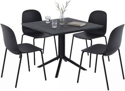 CLP Zeron Tuinmeubelset - 4 Stapelbare Stoelen + Tafel 80x80 cm - Weerbestendige Balkonset voor Tuin & Terras - zwart