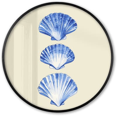 Poster in lijst Rond - Fotolijst 60x60 cm - Posters - Schelpen - Blauw - Beige - Ronde posterlijst zwart - Decoratie - Wanddecoratie woonkamer - Muurdecoratie slaapkamer