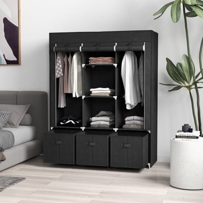 Wishdor - Stoffen Kledingkast - 2 Kledingroedes En 3 Laden - Opvouwbaar - Staal - Zwart - 125 X 43 X 162,5 Cm