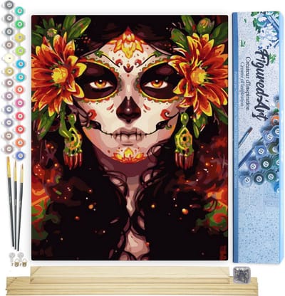 Figured'Art Schilderen op Nummer Volwassenen canvas Vrouw gezicht en bloemen - Handwerk acrylverf Kit DIY Compleet - 40x50cm met DIY houten lijst