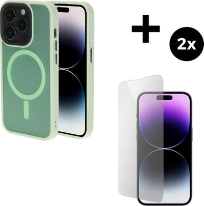 Mobiparts Hardcover MagSafe hoesje geschikt voor Apple iPhone 14 Pro - MagSafe - met 2 Screenprotectors van Gehard Glas - Groen