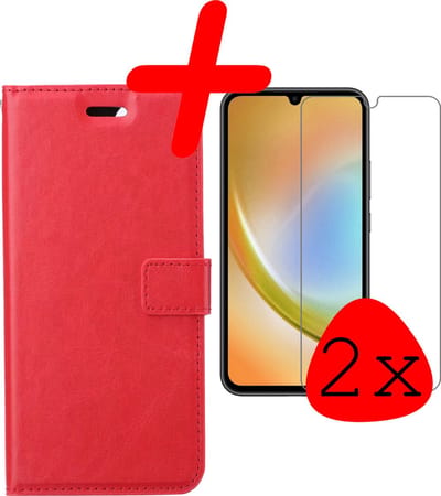 Hoesje Met 2x Screenprotector - Geschikt voor Samsung Galaxy A34 - Luxe Pasjeshouder - Bookcase Portemonee - Flip Case - Kunstleer Book Case - Flipcase Hoes - Book Cover - Walletcase - Portemonneehoes - Rood