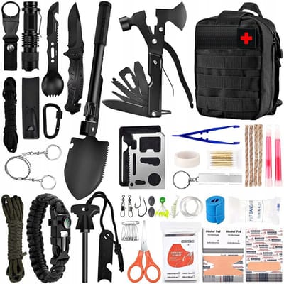 XXL Survival Kit 92-in-1 – Noodpakket Outdoor & Camping – Bushcraft Set met EHBO Kit, Multitool, Bijl, Zaklamp, Paracord – Inclusief Tactische Opbergtas