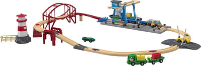 Playtive Houten Spoorbaanset Containerhaven - Set: 63-delig - Railslengte: max. 3,8 m - Vanaf 3 jaar - Rails gemaakt van Europees beukenhout - Stimuleert creativiteit, verbeeldingskracht en fijne motoriek - 3 liefdevol ontworpen stations