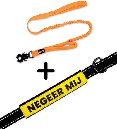 Always Prepared® Pro Hondenriem met Sleeve Negeer Mij | Elastische Hondenriem | 120 tot 150 cm | Frog Clip | Dubbel Handvat | PVC Waarschuwingssleeve