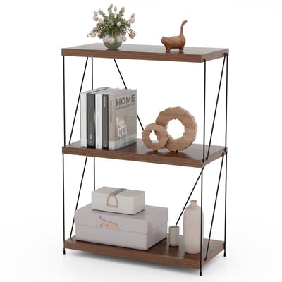 COSTWAY Staande kast, vrijstaand, boekenkast met metalen frame, industrieel opbergrek, walnoot opbergrek voor slaapkamer, woonkamer, thuiskantoor