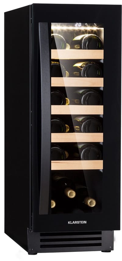 Klarstein Wijnkoeler Vinovilla wijnkoelkast, 1-zone drankkoelkast met glazen deur, stille koelkast, kleine flessenkoeler, wijnkast voor dranken, 5-20°C, 50 liter wijnkoelkast, 20 flessen - 29.5 cm - Touch Vrijstaand - RVS