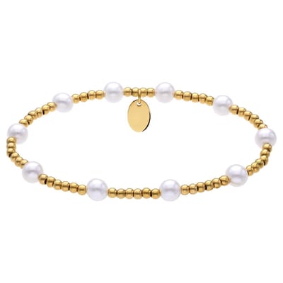 Lucardi - Dames Stalen goldplated kralenarmband met parel voor dames - Armband - Staal - Goudkleurig - 16 cm