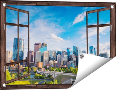 Gards Tuinposter Doorkijk Skyline Calgary Stad in Canada - 60x40 cm - Tuindoek - Tuindecoratie - Wanddecoratie buiten - Tuinschilderij