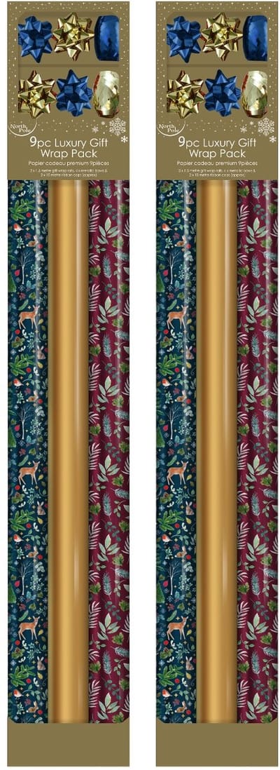 Kerstmis assortiment Metallic cadeaupapier voor Kerst - 150 x 70 cm - 6 rollen & 4 kraft ribbons en 8 kraft bows