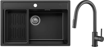 Anycee Max Spoelbak voor keuken 70x46CM - Granieten Spoelbakken Met Keukenkraan - Spoelbak Keuken Zwart - Spoelbak met Afdruiprek