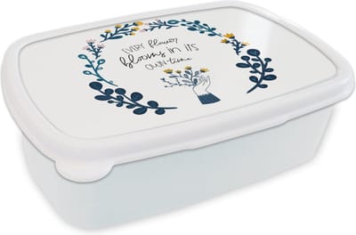 Broodtrommel Wit - Lunchbox - Brooddoos - Every flower blooms in its own time - Spreuken - Quotes - 18x12x6 cm - Volwassenen