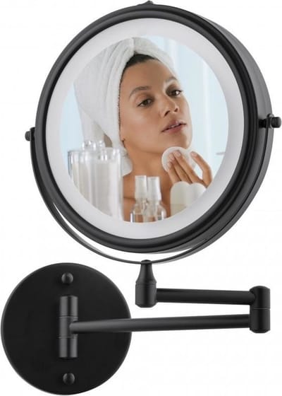 Make up spiegel met licht - zwart - rond 20 cm - met knikarm en vergrotende functie