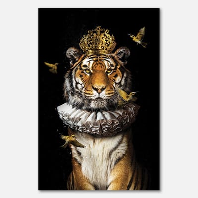 Poster op papier - 40 x 60 cm - Tijger met kroon en vogels - PosterJunkie