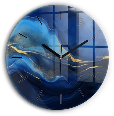 Wallfluent Wandklok - Blauwe marmer Stijlvolle Klok - 60 cm x 60 cm - Blauw Wandklok - Zwarte Handen - Wandklok Zonder Cijfers - Kinder Wandklok Glas - Ronde Glazen Wandklok - Scandinavisch Wandklok - Klok met Print