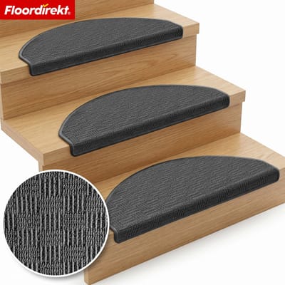 Floordirekt Trapmat Monaco - Antislip Stufenmat van Polypropyleen - Halfronde Vorm - 15 Stuks - 23,5 x 65 cm - Antraciet - Robuust, Geluiddempend & Onderhoudsvriendelijk - Ideaal voor Veilige en Comfortabele Trappen