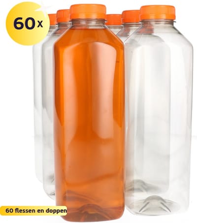 60 x Sapfles Plastic 1000 ml - Vierkant - R-PET Flessen met Dop Oranje- Gerecycled PET - tot 60% minder Co2 uitstoot - 60 stuks