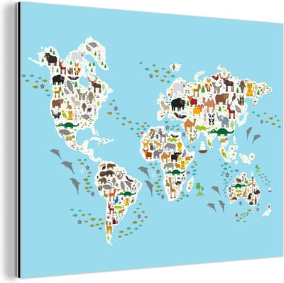 Aluminium schilderij 120x90 cm - Wanddecoratie metaal - Wereldkaart kinderen - Dieren - Kleuren - Metalen muurdecoratie woonkamer - Decoratie industrieel - Foto op dibond - Industriële accessoires slaapkamer