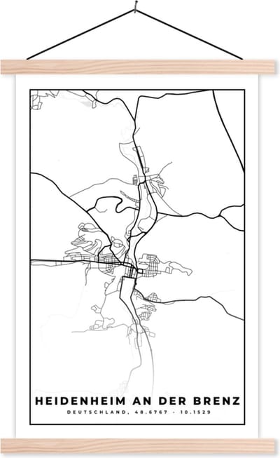 Posterhanger incl. Poster 40x60 cm - Schoolplaat - Heidenheim an der Brenz - Plattegrond - Kaart - Stadskaart - Textielposter - Blanke latten - Stadskaart