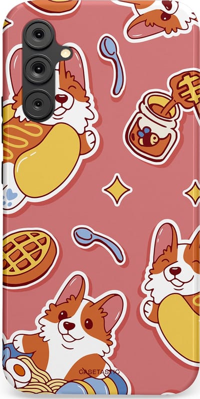 Casetastic Hoesje Geschikt voor Samsung A34 (5G) - Stijlvolle Beschermende Duo-layer Case - Corgi snacks
