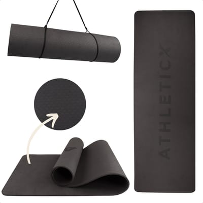Athleticx Premium Yoga Mat – Onyx Zwart – Pilates Mat – 183x61x0,8 cm - Duurzaam TPE - Yoga Mat Extra Dik – Fitness Mat – Yoga Mat Anti Slip – Incl. Yogamat Tas – Yogamat – Sportmat – Yogamatten – Sportmatje Dik