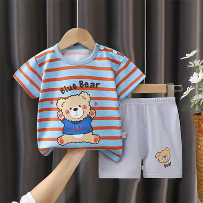 Ensemble Pyjama Coton T-shirt Dessin Animé + Short 2 Pièces Vêtements Enfants Été Garçons Filles Rayé Décontracté Survêtement Vêtements Costume 0-6 Ans 12M (80 size) bleu ciel