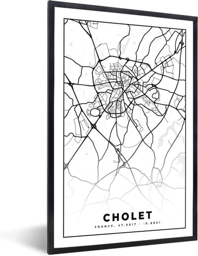 Fotolijst incl. Poster Zwart Wit- Kaart - Plattegrond - Frankrijk - Cholet - Stadskaart - Zwart wit - 40x60 cm - Posterlijst