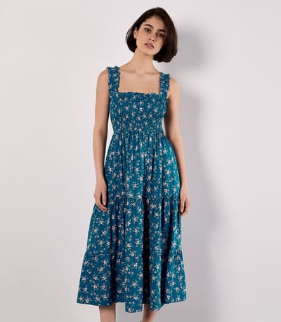 Midi-jurk met smockwerk en orchideeënprint
