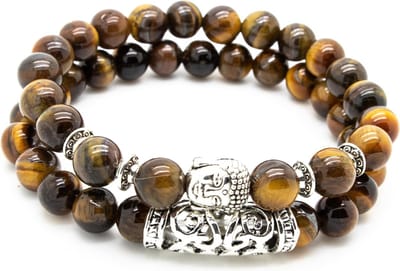 Sorprese armband - Buddha - armband heren - 2-delig - kralen - Tijgeroog Natuurstenen - 19 cm - cadeau - Model P