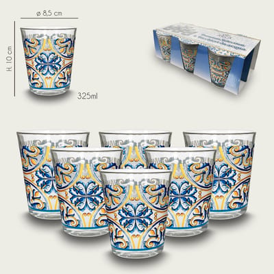 Arca Vietri - glazen drinkglazen 325ml, Set van 6 glazen - vrolijke decoratie - past bij het Limoni (Due) servies